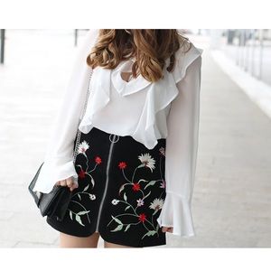 Zara Suede Embroidered Zipper Front Mini Skirt